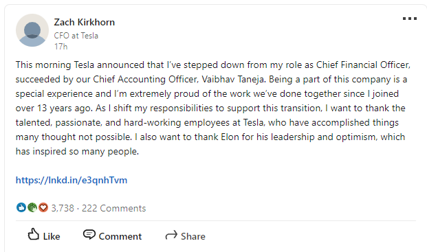 tesla Zach Kirkhorn chief financial officer cfo zachary vaibhav taneja linkedin accounting elon musk