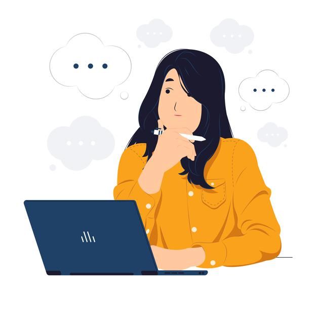 Premium-Vector-_-Woman-with-laptop-sitting-at-the-office-desk-holding-a-pen-while-thinking-about-something-concept-illustration - Social Nation Instagram Poets