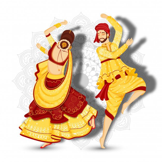 Premium-Vector-_-Beautiful-couple-character-dancing-garba-pose-on-white-mandala-floral-background_ - Social Nation Navratri's cultural and religious history