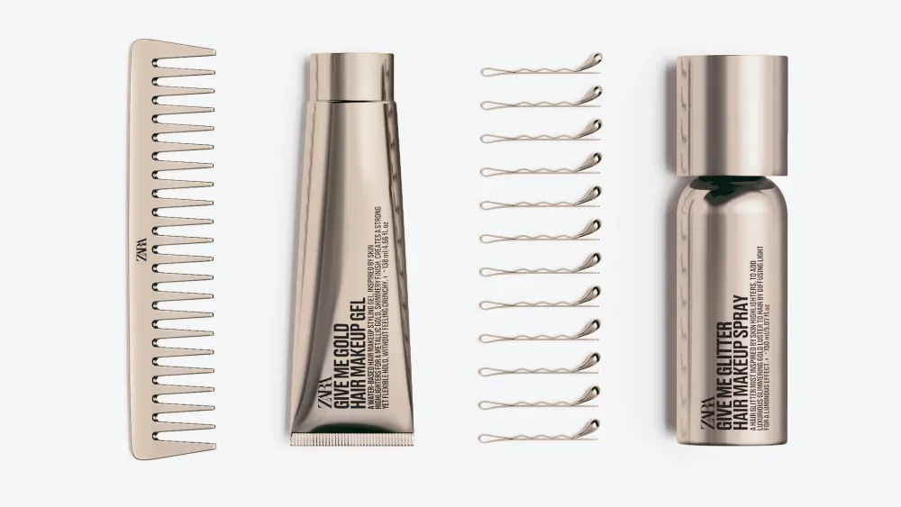 Zara Hair glitter in gold collection hair spray makeup gel Guido Palau