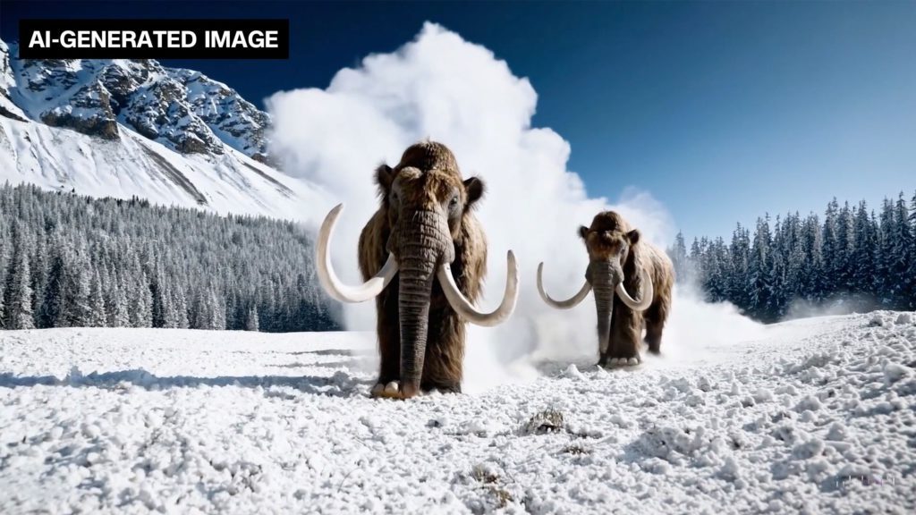 ai-generated-image-openai-sora - Social Nation OpenAI Sora AI text-to-video model tool prompt wooly mammoth in snowy meadow