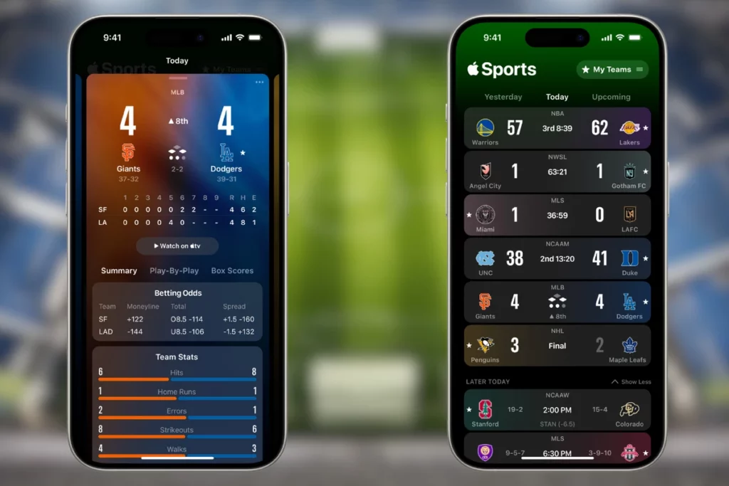 examples-of-apple-sports-app-shown-on-an-iphone-with-an-out-of-focus-football-pitch-as-the-background - Social Nation Apple Sports app iPhone users free App Store real-time scores stats updates favourite teams betting odds