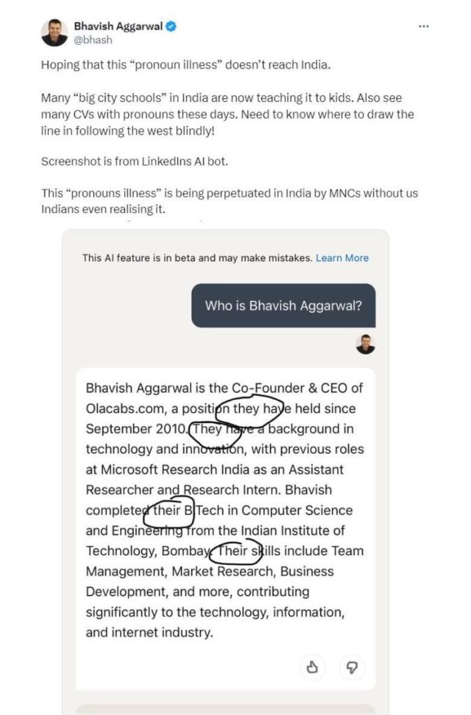 - Social Nation Bhavish Aggarwal gets in a pronouns illness clash withb LinkedIn