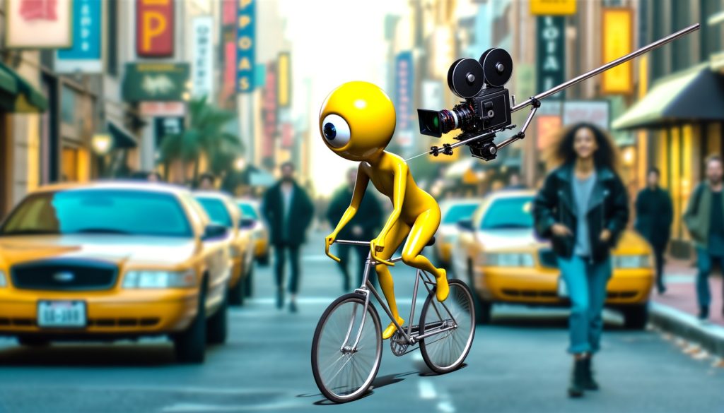 generate-an-image-of-openais-sora-representing-it-like-a-movie-camera-filimng-a-man-with-a-yellow-balloon-head-riding-a-bike-around-the-streets-1024x585-1 - Social Nation Tribeca Film Festival Sora Shorts OpenAI Generative AI filmmakers text to video tool