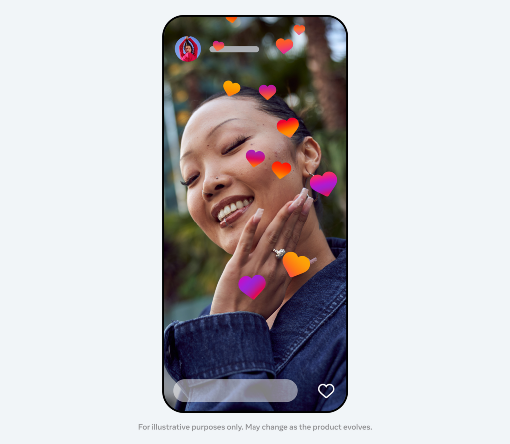 Close-up selfie of a smiling woman with colorful heart stickers floating around, resembling social media likes on a phone screen