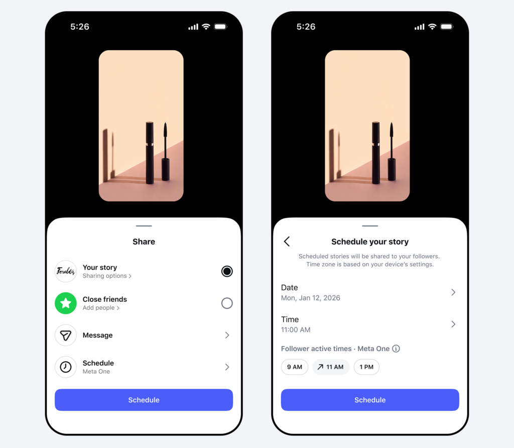 Two side-by-side phone screens of a social app: left shows sharing options; right shows'Schedule your story' with date and time settings.