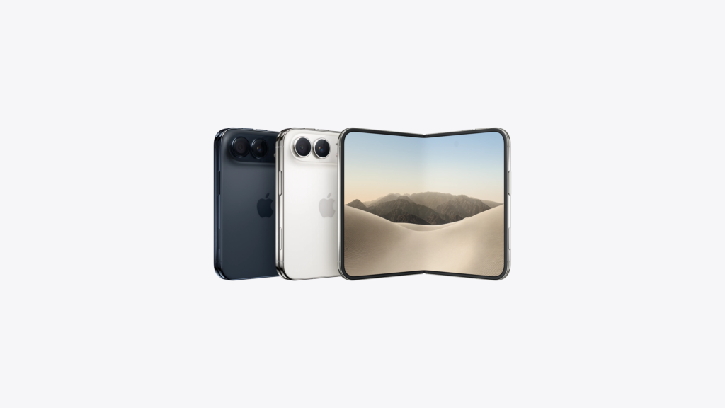 Three iPhones shown side-by-side: dark blue, silver, and a front-facing model displaying a desert landscape on its screen. - Social Nation Three iPhones shown side-by-side: dark blue, silver, and a front-facing model displaying a desert landscape on its screen.