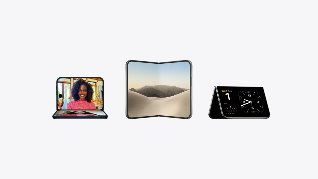 Three foldable devices: left shows a video call with a smiling woman on a small inner screen, center displays a desert landscape on a large inner screen, right in tent mode shows a clock and calendar. - Social Nation Three foldable devices: left shows a video call with a smiling woman on a small inner screen, center displays a desert landscape on a large inner screen, right in tent mode shows a clock and calendar.