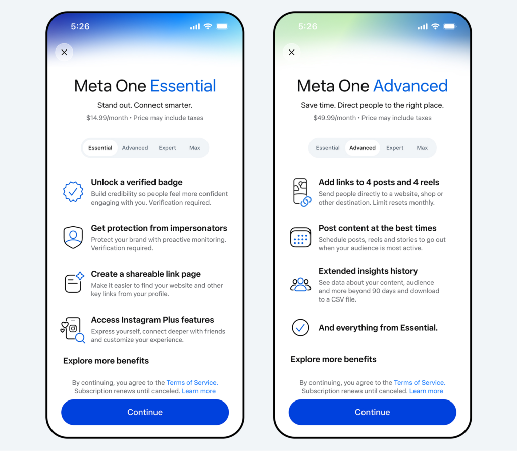 meta essential-advanced - Social Nation Two smartphone screens side by side showing pricing plans: Meta One Essential on the left and Meta One Advanced on the right, with feature lists and a Continue button at the bottom.