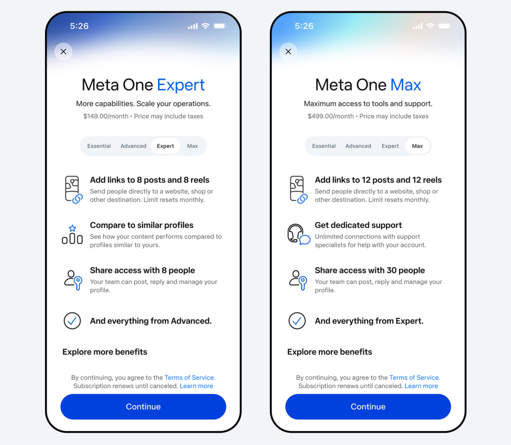 meta expert - Social Nation Side-by-side screenshots of Meta One pricing: Expert vs Max with feature tabs and benefits list.