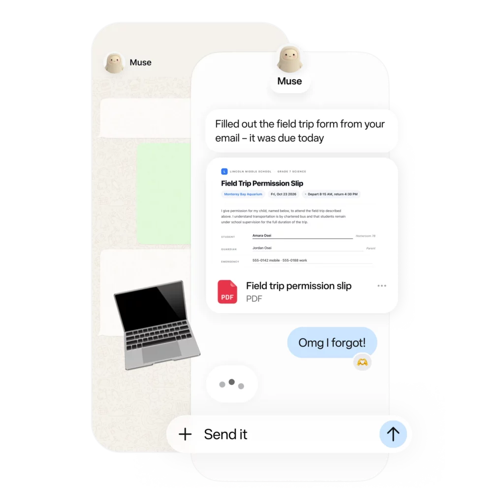 Mobile UI showing a field trip permission slip document card with a'Send it' action.