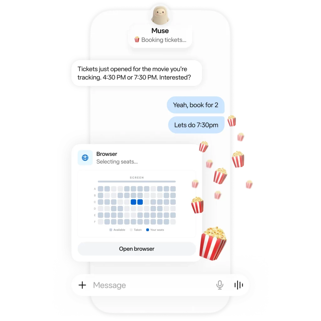 Mobile app screen for booking movie tickets; chat bubble says tickets opened for the movie you're tracking with a seating map preview on screen.