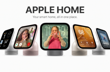 Promotional image of Apple Home devices: a row of smart home displays with rounded edges showing apps and visuals, side by side.
