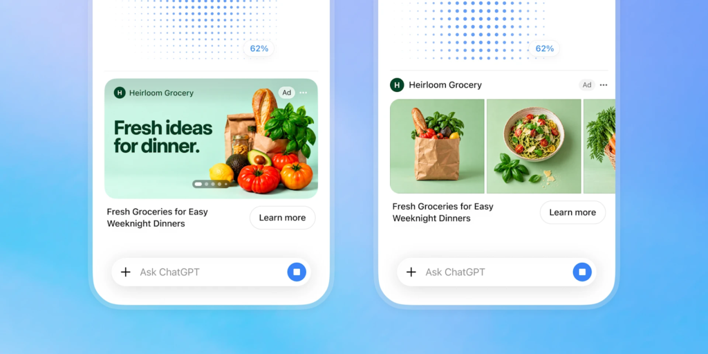 open AI visual ads - Social Nation Two smartphone ads for Heirloom Grocery: left panel shows fresh produce (bread, tomatoes, basil) with'Fresh ideas for dinner' and a Learn more button; right panel shows a three‑image banner of groceries with 'Fresh Groceries for Easy Weeknight Dinners' and a Learn more button.